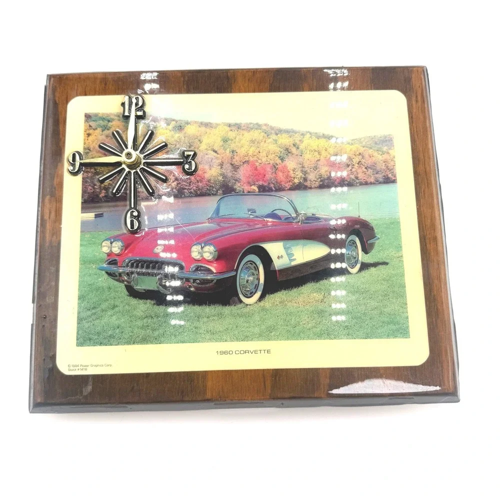 Vintage 1984 1960 Corvette Wall Clock Handmade Wood Plaque Working Car Decor